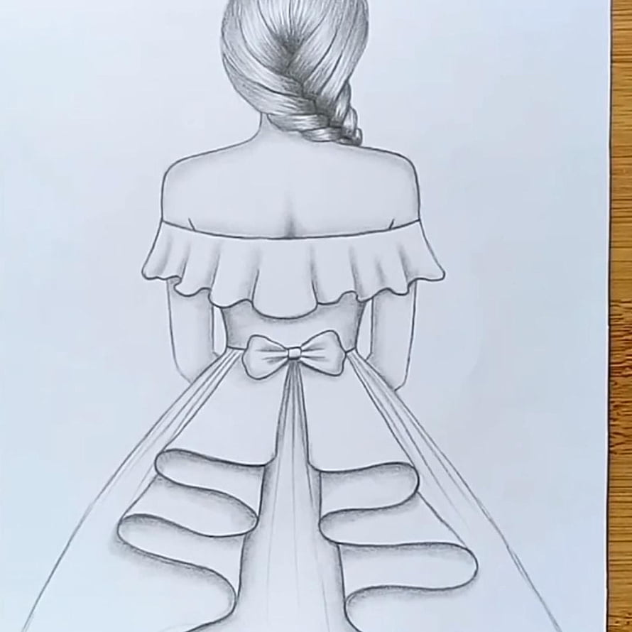 Pencil Sketch of a Woman in an Off-Shoulder Gown with a Braided Updo HD phone wallpaper