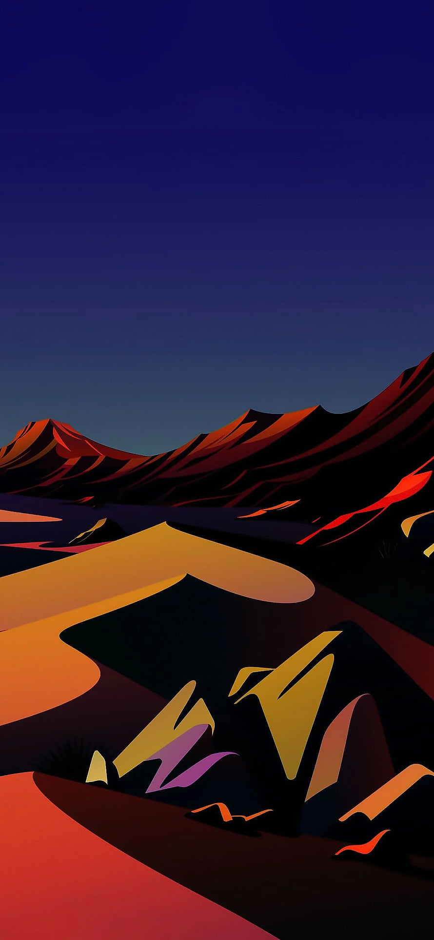 Stylized Desert Canyon Landscape with Warm Sunset Tones and Deep Blue Sky HD phone wallpaper