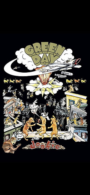 Green Day Dookie Album Cover Artwork with Cartoon Dogs and Jet Plane HD phone wallpaper