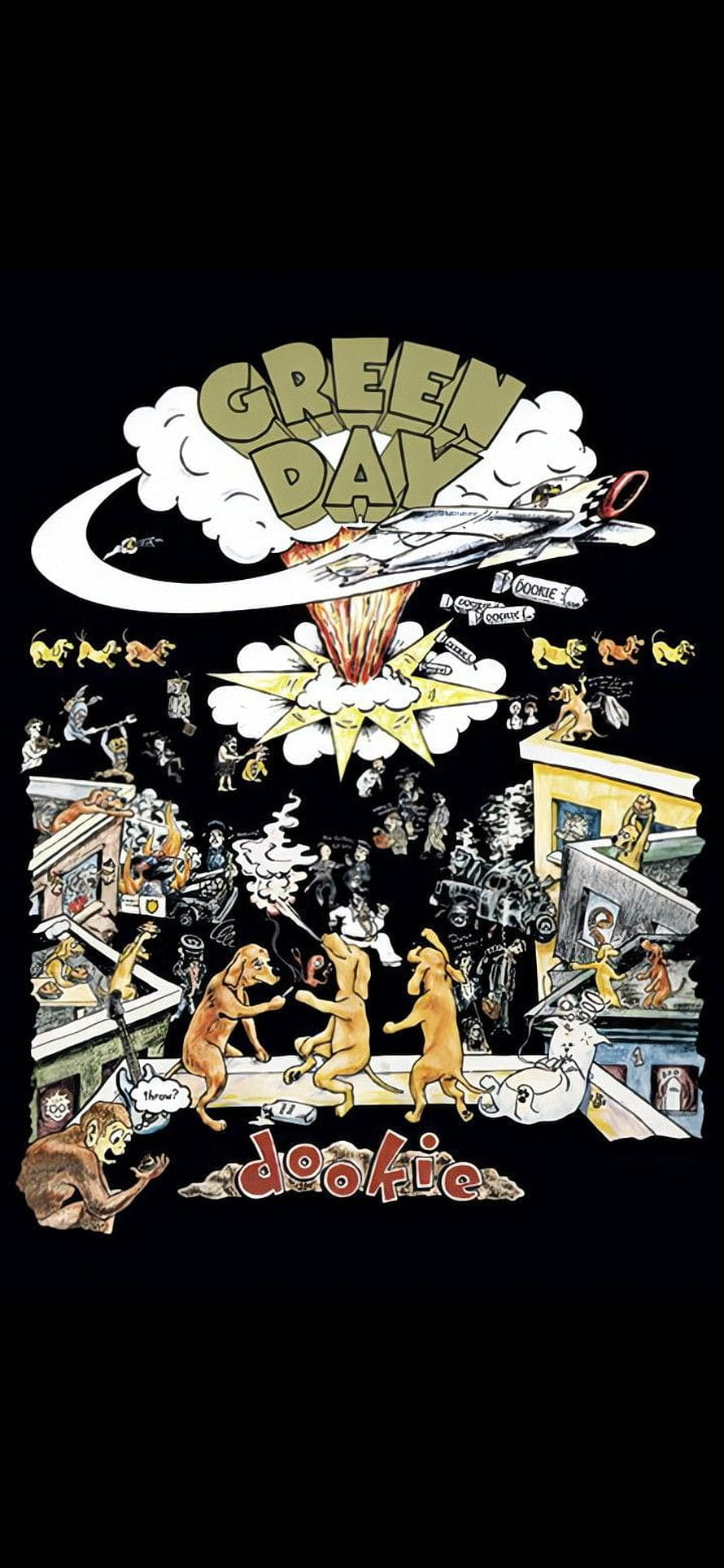 Green Day Dookie Album Cover Artwork with Cartoon Dogs and Jet Plane HD phone wallpaper