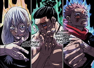 Jujutsu Kaisen Characters Mahito, Todo, and Yuji in Dramatic Manga Panel HD wallpaper