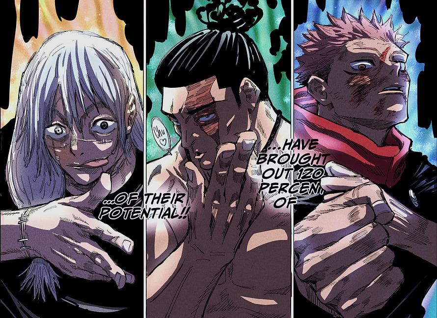 Jujutsu Kaisen Characters Mahito, Todo, and Yuji in Dramatic Manga Panel HD wallpaper
