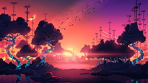 Neon Tropical Sunset Landscape with Glowing Trees and Distant City HD wallpaper