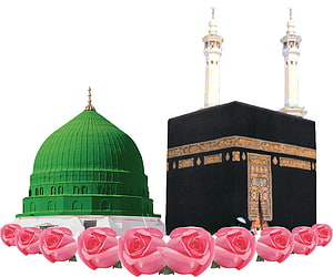 Sacred Islamic Landmarks: Kaaba in Mecca and Green Dome in Medina with Pink Roses HD wallpaper