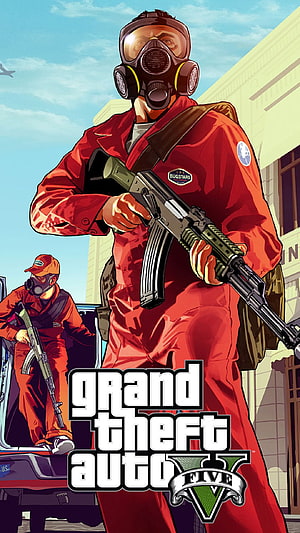 Grand Theft Auto V Artwork Featuring Armed Characters in Red Coveralls and Gas Masks HD phone wallpaper
