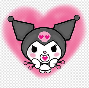 Cute Kuromi Character with Pink Heart Background and Skull Emblem HD wallpaper