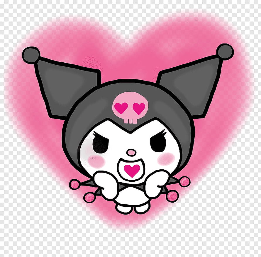 Cute Kuromi Character with Pink Heart Background and Skull Emblem HD wallpaper