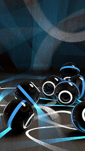 Glossy Black Spheres with Blue and White Rings on Abstract Geometric Background HD phone wallpaper