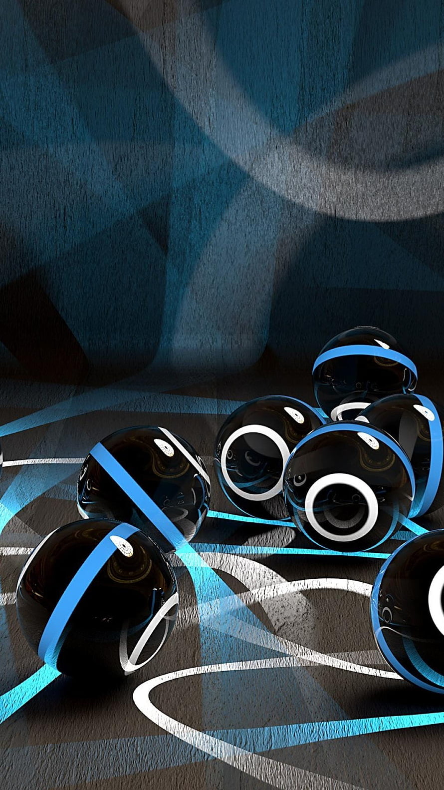 Glossy Black Spheres with Blue and White Rings on Abstract Geometric Background HD phone wallpaper