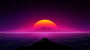 Retro Synthwave Sunset Over Neon City with Motorcycle Silhouette on Hilltop HD wallpaper
