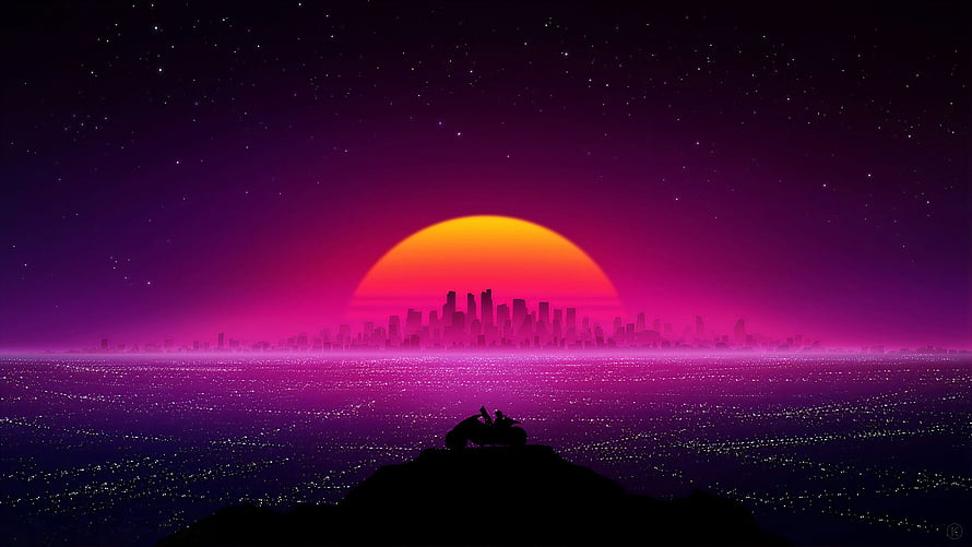 Retro Synthwave Sunset Over Neon City with Motorcycle Silhouette on Hilltop HD wallpaper
