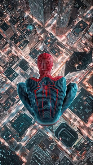 Spider-Man in Iron Spider Suit Hovering Above a Dusk Cityscape, Spiderman Marvel Art Tom holland ultra Aesthetic Comics, spider man logo mobile HD phone wallpaper