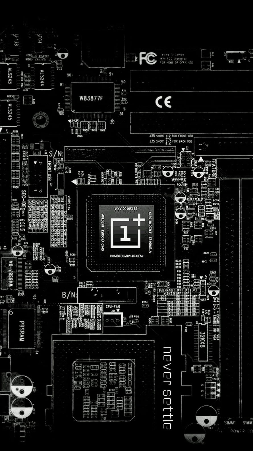 OnePlus motherboard circuit board with processor chip and never settle branding HD phone wallpaper