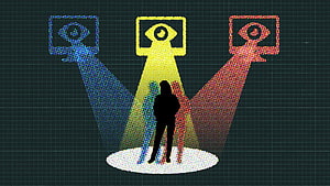 Silhouette Under Three Surveillance Spotlights With Eye Icons on Dark Grid Background HD wallpaper