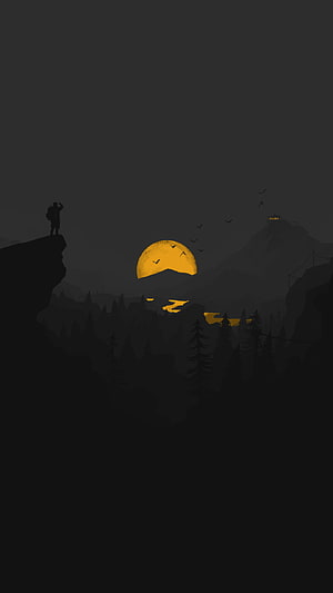 Firewatch Mobile Game Artwork Featuring Silhouetted Hiker and Golden Sunset Over Pine Forest HD phone wallpaper