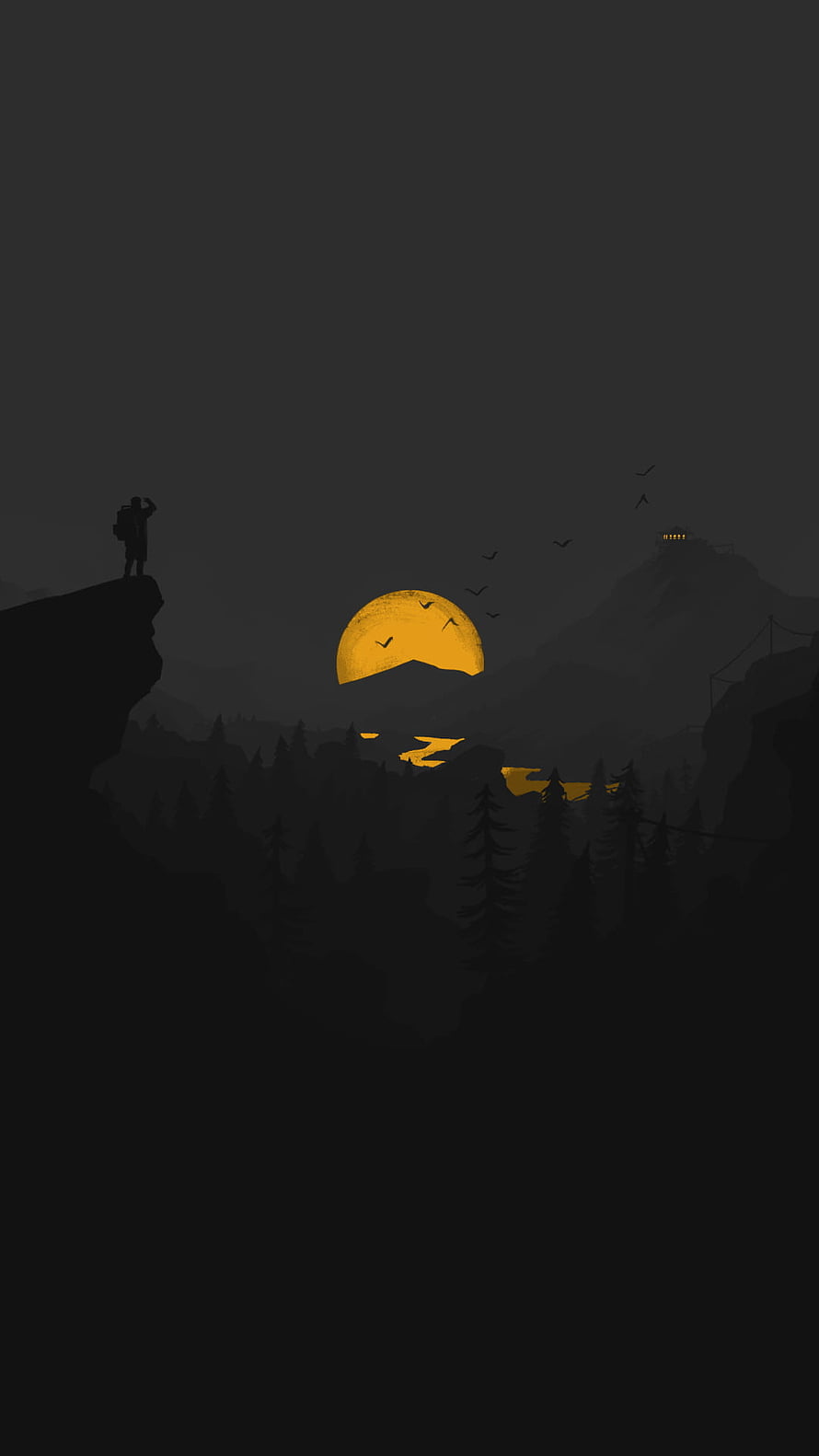 Firewatch Mobile Game Artwork Featuring Silhouetted Hiker and Golden Sunset Over Pine Forest HD phone wallpaper