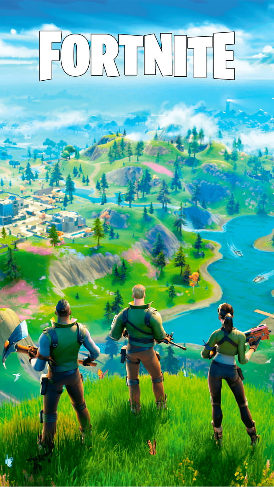Fortnite Battle Royale Squad Overlooking Vibrant Island Landscape HD phone wallpaper