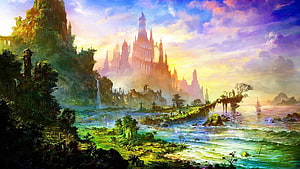 Majestic Fantasy Castle Rising from Misty Coastline at Golden Hour HD wallpaper