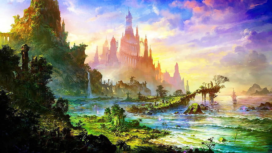 Majestic Fantasy Castle Rising from Misty Coastline at Golden Hour HD wallpaper
