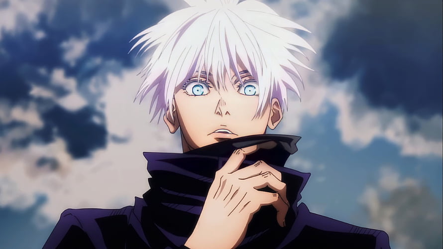 Satoru Gojo from Jujutsu Kaisen with white hair and blue eyes against a cloudy sky HD wallpaper