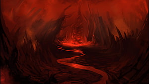 Fiery Inferno Canyon with Glowing Lava Stream and Jagged Rock Formations HD wallpaper