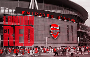 Arsenal Emirates Stadium Exterior with London Is Red Typography and Crowd HD wallpaper