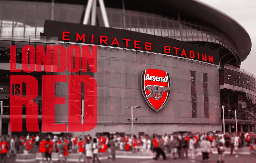 Arsenal Emirates Stadium Exterior with London Is Red Typography and Crowd HD wallpaper