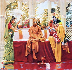 Krishna and Sudama in a Traditional Indian Painting with Peacock Crown and Garden Setting HD wallpaper