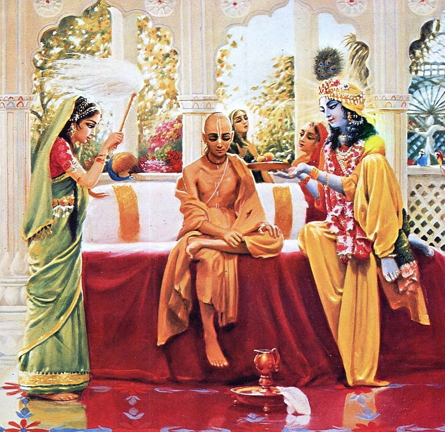 Krishna and Sudama in a Traditional Indian Painting with Peacock Crown and Garden Setting HD wallpaper