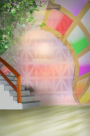 Dreamy Wedding Studio Backdrop With Stained Glass Arch And Floral Staircase HD phone wallpaper