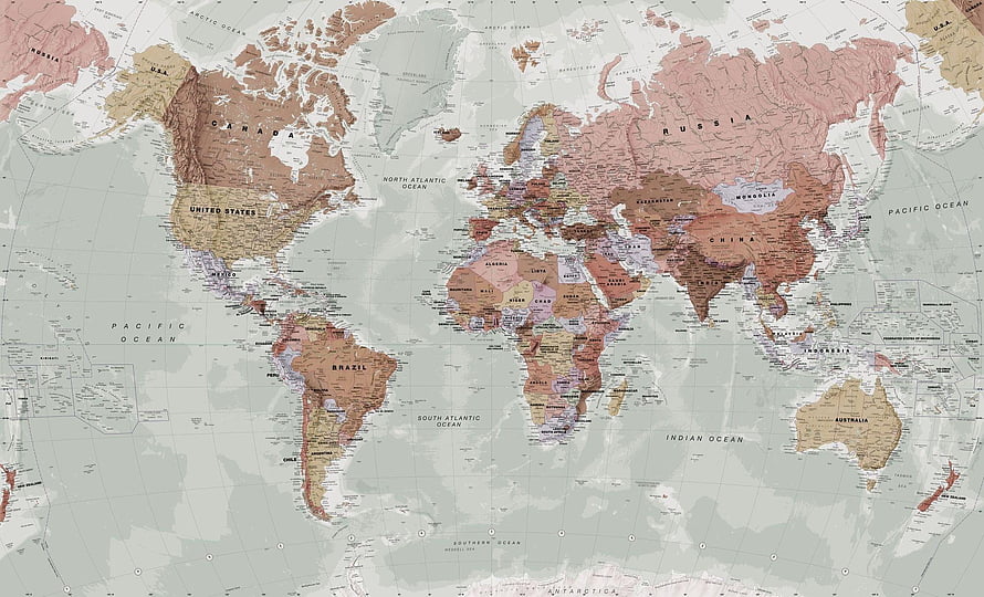 Vintage Political World Map with Muted Earth Tones and Detailed Country Borders HD wallpaper