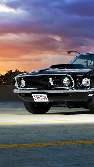 1969 Ford Mustang Fastback Front View at Sunset HD phone wallpaper