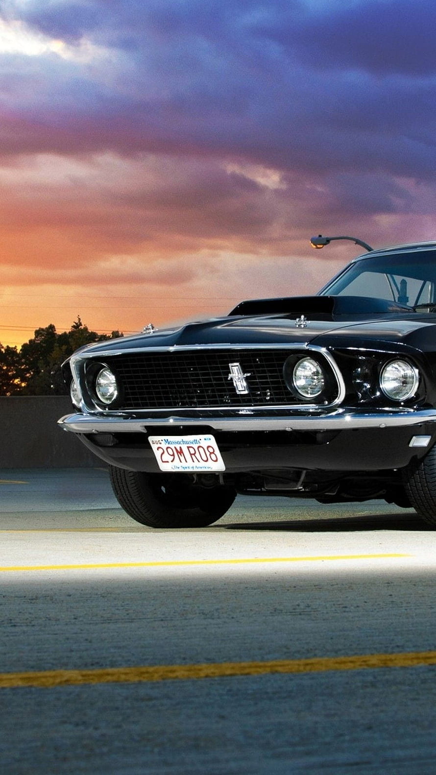 1969 Ford Mustang Fastback Front View at Sunset HD phone wallpaper