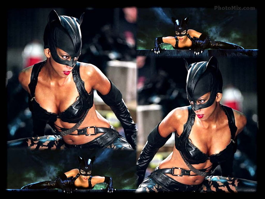 Halle Berry as Catwoman in the 2004 film, wearing a black leather bodysuit and cowl in a dramatic action pose HD wallpaper