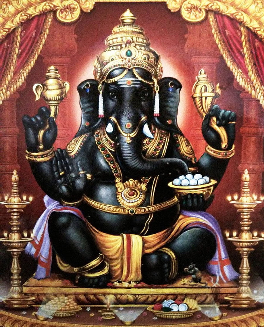 Karpaga Vinayagar Ganesha Seated in Golden Temple with Oil Lamps and Offerings HD phone wallpaper