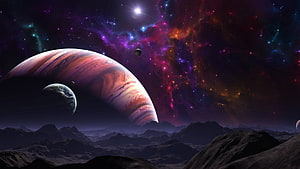 Vast Gas Giant and Blue Planet Rising Over Alien Mountain Range Under Vibrant Nebula HD wallpaper