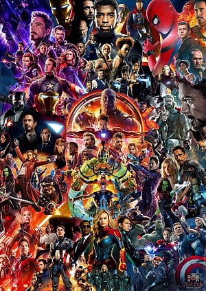 Marvel Cinematic Universe Character Ensemble Poster Featuring Iron Man, Captain America, Thor, and Black Panther HD phone wallpaper