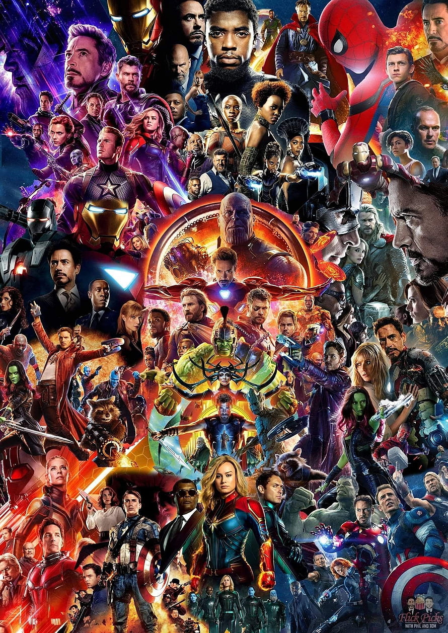 Marvel Cinematic Universe Character Ensemble Poster Featuring Iron Man, Captain America, Thor, and Black Panther HD phone wallpaper