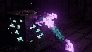 Minecraft Enchanted Sword Pixel Art with Glowing Purple and Cyan Light Effects HD wallpaper