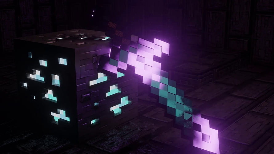 Minecraft Enchanted Sword Pixel Art with Glowing Purple and Cyan Light Effects HD wallpaper