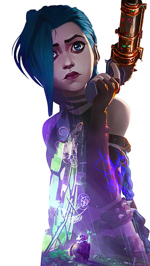 Jinx from Arcane Holding a Glowing Cannon with Holographic Cityscape Overlay HD phone wallpaper