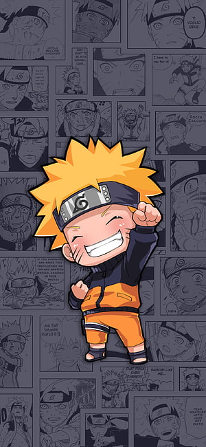 Chibi Naruto Uzumaki in Orange Jumpsuit with Manga Panel Background HD phone wallpaper