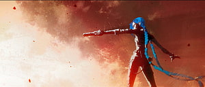 Jinx from Arcane Aiming Her Cannon Against a Fiery Orange Sky HD wallpaper