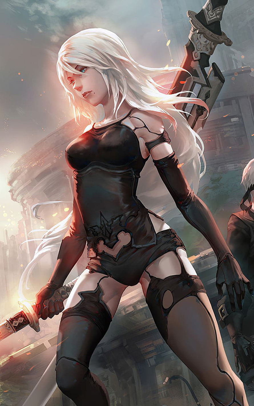 A2 from NieR Automata in Black Combat Suit Holding Sword in Ruined City HD phone wallpaper