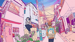 Vibrant Japanese Street Scene with Oni Character and Boy in Anime Illustration HD wallpaper