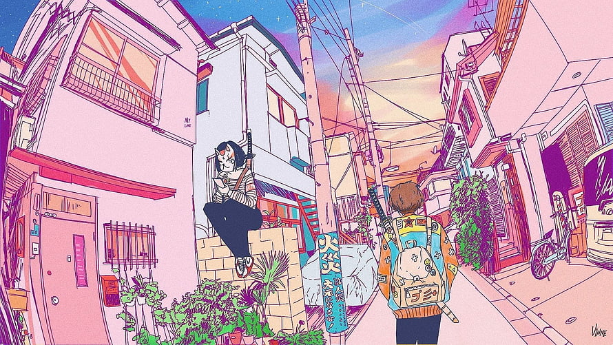 Vibrant Japanese Street Scene with Oni Character and Boy in Anime Illustration HD wallpaper