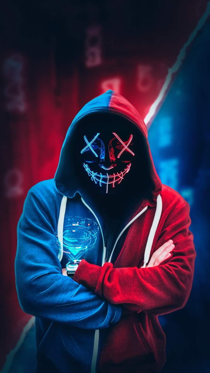 Glowing LED Mask Figure in Split-Color Hoodie with Neon Cyberpunk Lighting HD phone wallpaper