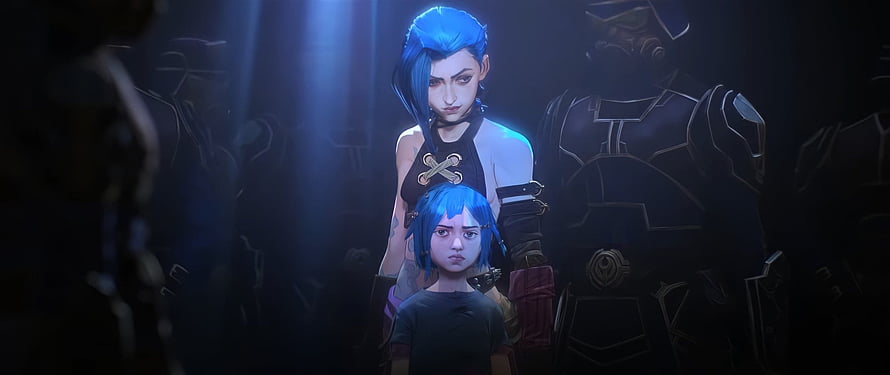 Jinx and Powder in Arcane Cinematic Scene with Dark Armored Guards HD wallpaper