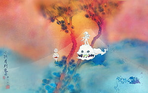 Kids See Ghosts album artwork featuring surreal watercolor spirits and a gnarled tree HD wallpaper