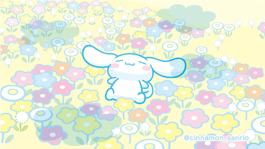 Cinnamoroll Sanrio Character Sitting in a Pastel Flower Field HD wallpaper